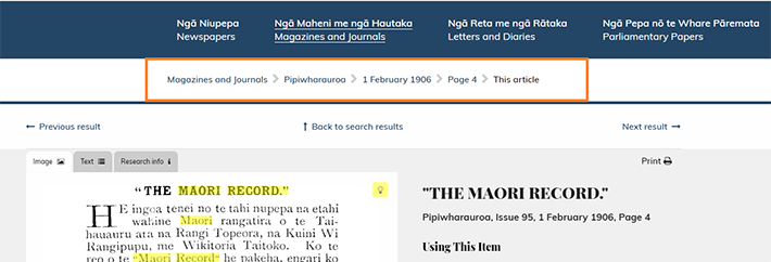 Screenshot of breadcrumbs on a Papers Past page.