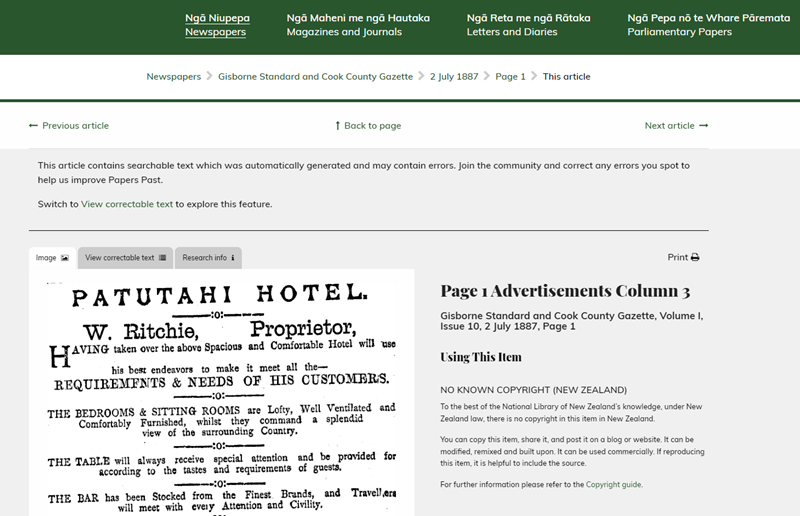 Advertisement for the Patutahi Hotel, including that the bedrooms and sitting rooms are lofty, well ventilated ... and command a splendid view of the surrouding country.