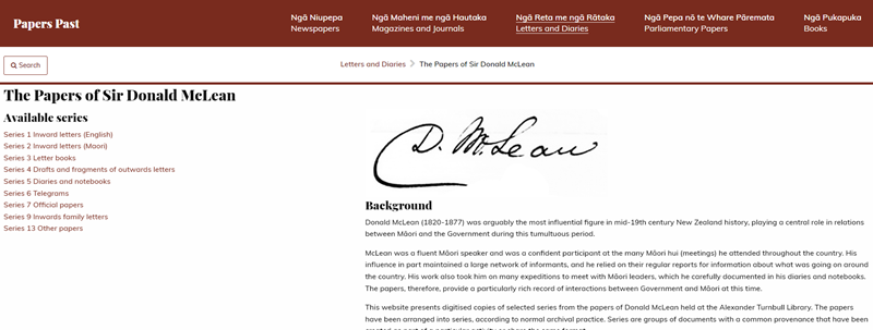 Page with links on the left-hand side of the page and an essay on the other side.