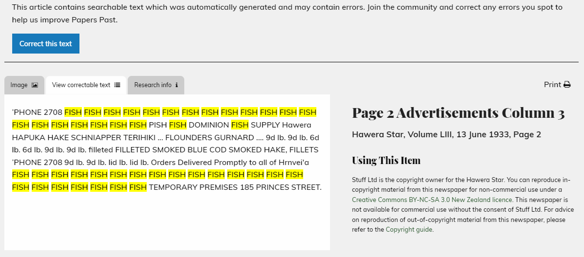 Screenshot of view correctable text tab.